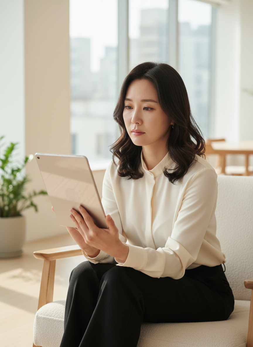 거울 앞에서 피부 고민하는 여성